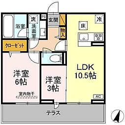 リシェスみのり台　A・B・C　A棟 2階2LDKの間取り