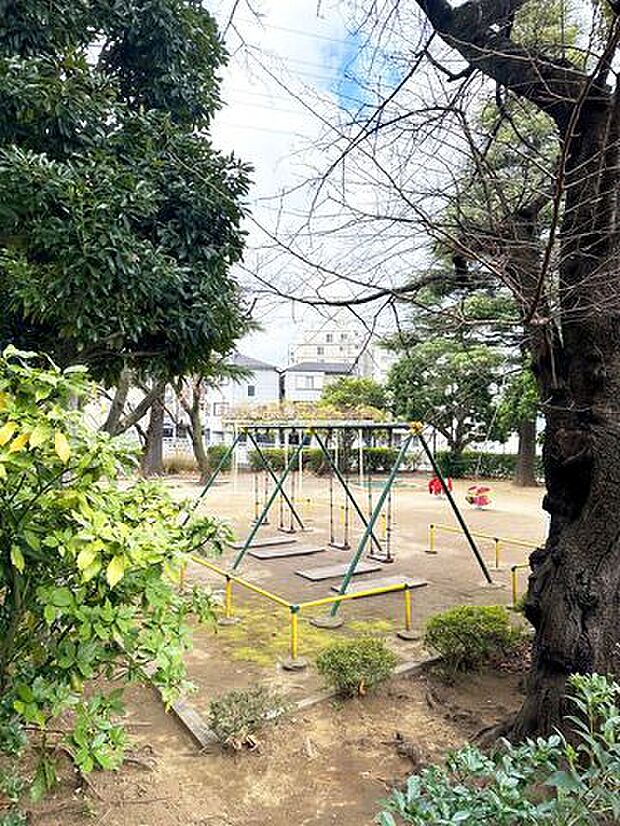 ブランコや滑り台などの遊具が揃い、日中は多くのお子様たちで賑わう三角児童遊園が隣接しています。