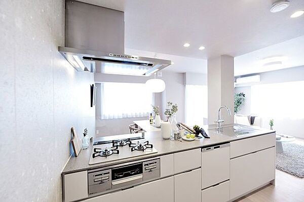 このお部屋のためにデザインされた田中工藝製のオリジナルシステムキッチンを採用しました。ゆったりとしたサイズなので、作業スペースも広々、余裕をもって家事をすることができます。食器洗い乾燥機完備です。