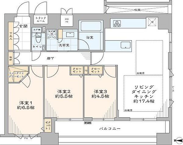 室内新規リノベーション済。二面採光で明るく開放感のあるLDK約17.4帖、浴室は1620サイズを採用し、家族がゆったりとくつろげる空間に仕上げました。トランクルーム、ウォークインクローゼットあり