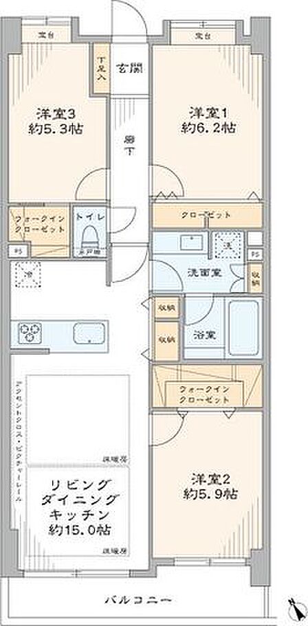 専有面積約75.01m2の南西向き・3LDK+2WICの間取りです。白を基調とした明るい住空間です。室内新規リノベーション済で快適にお住まいいただけます。