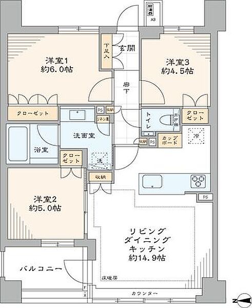 専有面積約65.80m2・3LDKの間取りの開放感あふれるお部屋です。7.5ｍのワイドスパン設計です。室内新規リノベーション済みのため快適にお過ごしいただけます。