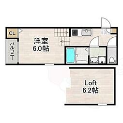 ハーモニーテラス上石川町6 2階1Kの間取り