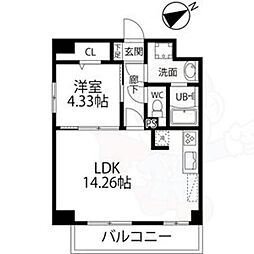 名鉄瀬戸線 森下駅 徒歩2分の賃貸マンション 9階1LDKの間取り