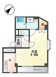 コーナーハウス 3階1Kの間取り