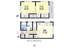 桜木町1丁目連棟東 2階2DKの間取り