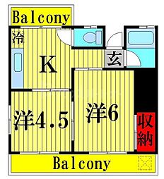 コーポサンフラワー 3階2DKの間取り