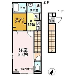日暮里舎人ライナー 見沼代親水公園駅 徒歩3分の賃貸アパート 2階1Kの間取り
