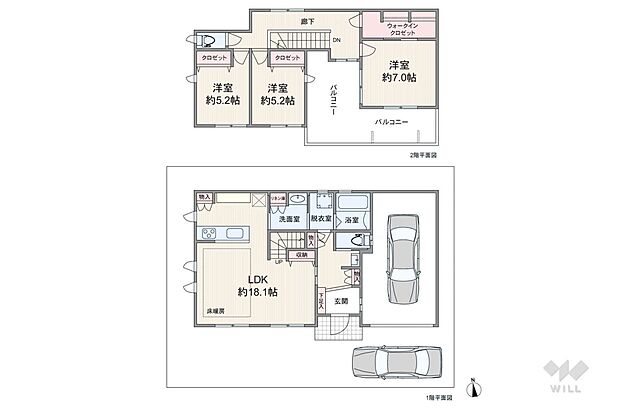 全居室南向きのリビング階段プラン。キッチンから直接洗面室にアクセスでき、家事動線に優れています。L字の大型バルコニー付き。各居室と1階廊下、洗面室に収納スペースが設けられており、収納豊富です。