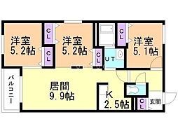 札幌市電2系統 西線11条駅 徒歩6分の賃貸マンション 3階3LDKの間取り