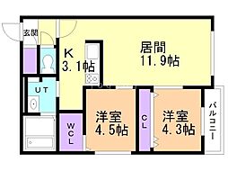札幌市営南北線 幌平橋駅 徒歩19分の賃貸マンション 2階2LDKの間取り