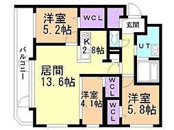 アルファスクエア宮の森3条 3LDKの間取図画像