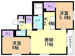 ル・ファール行啓通 2LDKの間取図画像