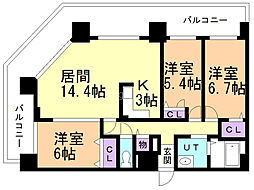南円山シャトー桂和 3LDKの間取図画像
