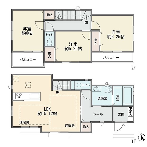 全11棟の新築分譲2階建て　住宅性能評価書W取得　カウンターキッチン　床暖房付き　リビングイン階段　全室南向き　バルコニー2箇所　床下収納　3ＬＤＫ