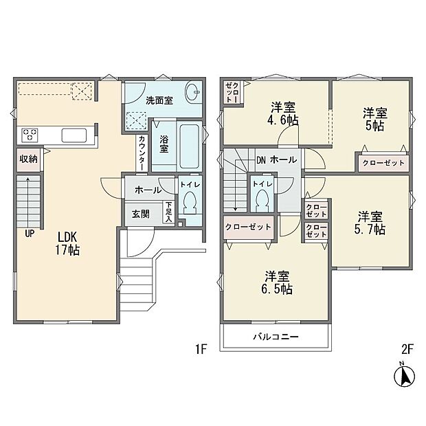 新築2階建ての大型4LDK ZEH水準省エネ カースペース2台 カウンターキッチン LDK17帖 リビングイン階段 スタディーカウンター フラット35S利用可能