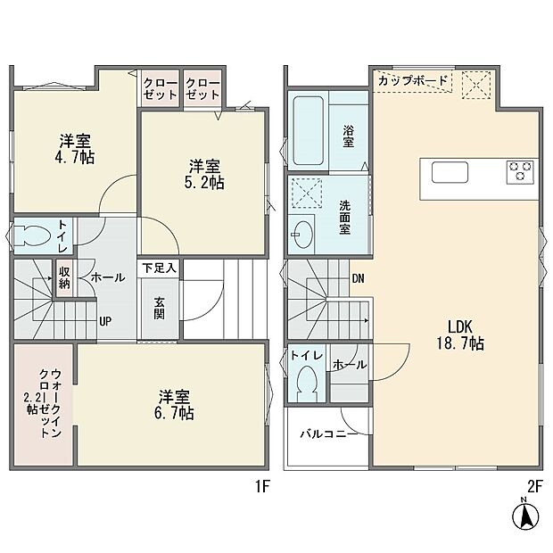 新築分譲2階建ての3LDKです カウンターキッチン LDK18.7帖 リビングイン階段 ウォークインクロゼット ZEH水準省エネ住宅 ガス衣料乾燥機 浴室乾燥機 食洗機