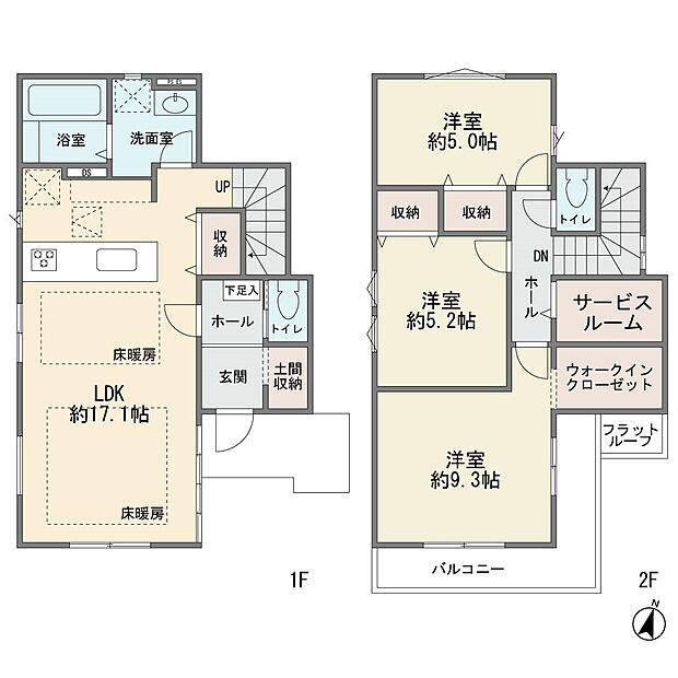 新築2階建ての大型3ＬＤＫです　カウンターキッチン　床下収納2箇所　土間収納　ＬＤＫ17．1帖　床暖房　ウォークインクロゼット　納戸有り　カースペース並列2台　南4Ｍ道路に面す整形地　ＺＥＨ水準省エ…