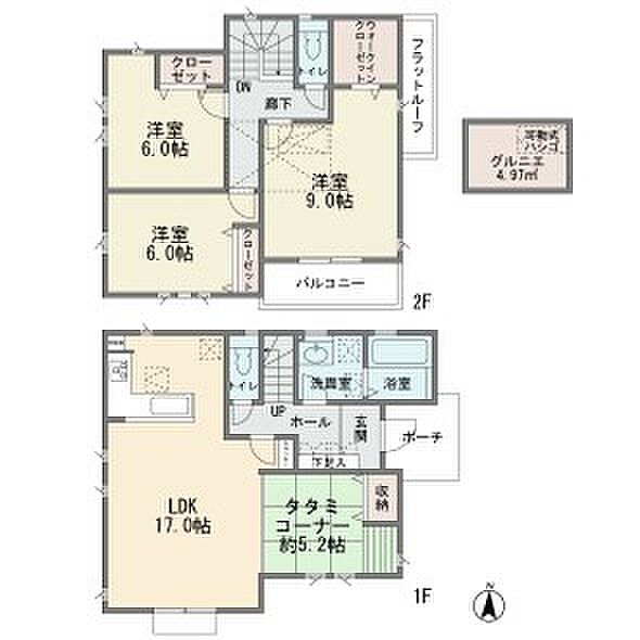 屋根裏収納の有る新築分譲2階建て 地下車庫付き LDK17帖 カウンターキッチン 床下収納 タタミコーナー 主寝室9帖 ウォークインクロゼット 南西角地 成建施工