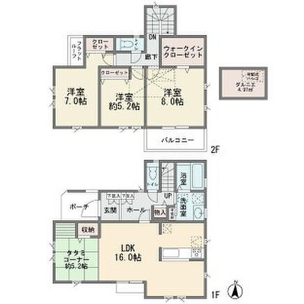 屋根裏収納の有る新築分譲2階建て　お庭有り　ＬＤＫ16帖　カウンターキッチン　床下収納　タタミコーナー　主寝室8帖　ウォークインクロゼット　南西角地　成建施工