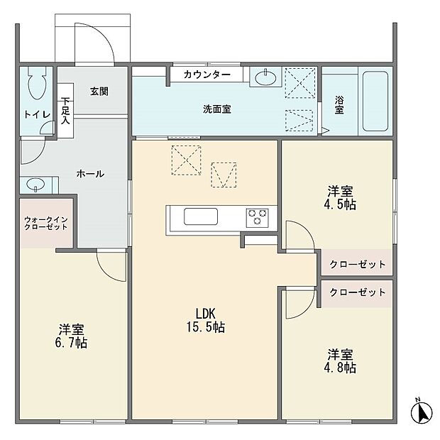 平屋建ての新築一戸建て カウンターキッチン LDK15.5帖 ウォークインクロゼット 3LDK セカンド洗面台 カースペース3台 長期優良住宅 住宅性能評価書W取得 北側公道5.9Mに面す整形地 都…