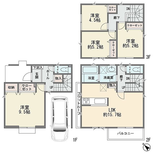 新築分譲一戸建ての大型4LDK 安心の成建施工 カウンターキッチン LDK15.7帖 床下収納 主寝室9.5帖 南公道に面す整形地 バス便1分