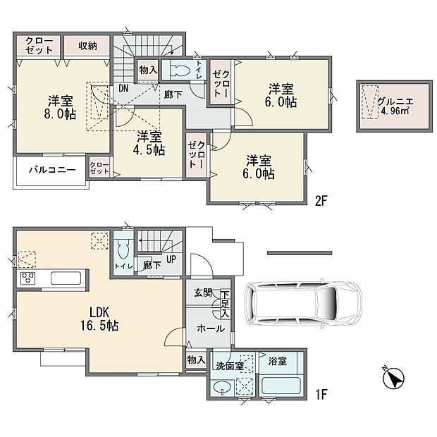 屋根裏収納の有る新築分譲2階建て　大型4ＬＤＫ　カウンターキッチン　床下収納　ＬＤＫ16．5帖　床暖房　お庭有り　主寝室8帖　東公道に面す整形地　安心の成建施工