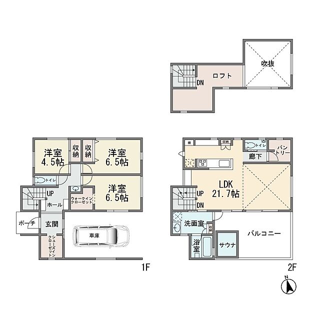 ビルトインガレージ付き カースペース3台 ルーフバルコニー 北欧産サウナ付き 外壁ドイツ漆喰 ヒュームドオークヘリンボーン貼りの床材 LDK1.7帖 パントリー シューズインクローク ウォークインク…