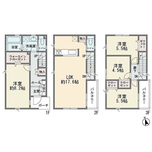 大型3LDK+サービスルーム8.2帖 ウォークインクロゼット 床下収納 カウンターキッチン LDK17.6帖 パントリー リビングイン階段 2面バルコニー 成建施工