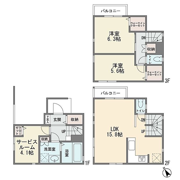 車庫付き新築一戸建て カウンターキッチン LDK15.8帖 リビングイン階段 2LDK+サービスルーム4.1帖 ウォークインクロゼット2箇所 北東側公道面す バス停1分です