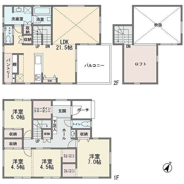ロフトの有る新築2階建て 大型4LDK カウンターキッチン パントリー リビングイン階段 LDK21.5帖 ウォークインクロゼット シューズインクローク 無垢材と自然素材の家 明治ホームズ施工です