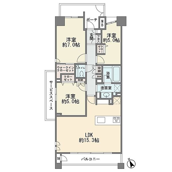 3階部分の南西向き角部屋です　ワイドバルコニー　トランクルーム　カウンターキッチン　ウォークインクロゼット　3ＬＤＫ　ペット飼育2匹可能　新規フルリフォーム済み　宅配ボックス　オートロック　平成27…