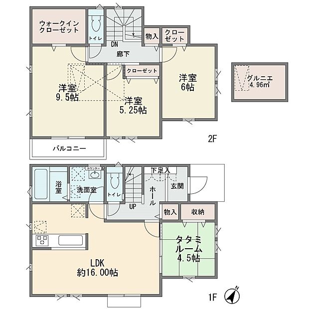新築分譲2階建ての4ＬＤＫです　屋根裏収納　カウンターキッチン　ＬＤＫ16帖　ＴＥＳ床暖房　床下収納　ウォークインクロゼット　主寝室9．5帖　お庭有り