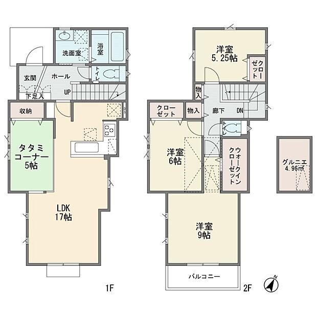 新築分譲2階建ての3ＬＤＫ＋タタミコーナーです　屋根裏収納　カウンターキッチン　ＬＤＫ17帖　ＴＥＳ床暖房　床下収納　ウォークインクロゼット　主寝室9帖　お庭有り