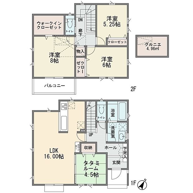 新築分譲2階建ての4ＬＤＫです　屋根裏収納　カウンターキッチン　ＬＤＫ16帖　ＴＥＳ床暖房　床下収納　ウォークインクロゼット　主寝室8帖　お庭有り