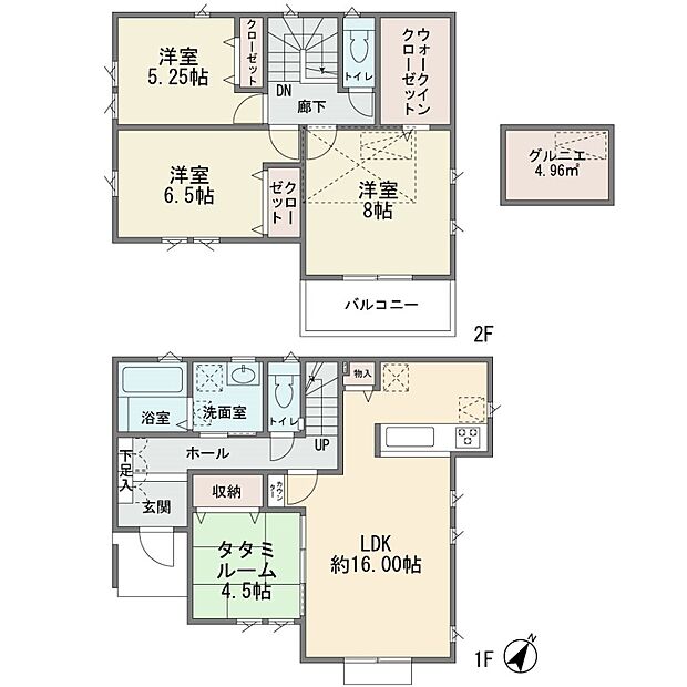 新築分譲2階建ての4ＬＤＫです　屋根裏収納　カウンターキッチン　ＬＤＫ16帖　ＴＥＳ床暖房　床下収納　ウォークインクロゼット　主寝室8帖　お庭有り