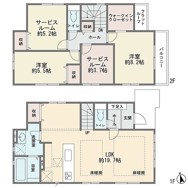 新築分譲2階建ての大型2ＬＤＫ＋サービスルーム2箇所です　ウォークインクロゼット　カウンターキッチン　床下収納　ＬＤＫ19．7帖　床暖房　カースペース並列2台　ＺＥＨ水準省エネ住宅　東側公道4Ｍに面…