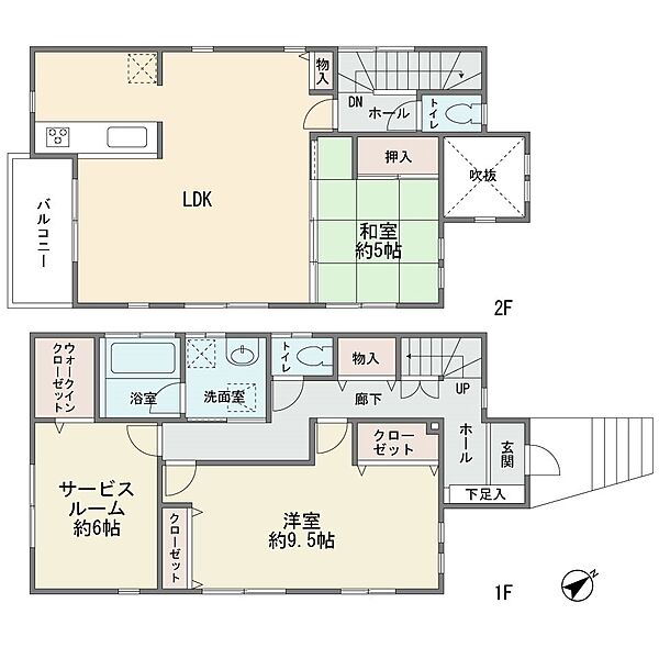 2階建ての2ＬＤＫ＋サービスルーム6帖　ウォークインクロゼット　カースペース並列2台　カウンターキッチン　オール電化　吹き抜けの玄関　平成20年2月築　床下収納　新規内外装リフォーム