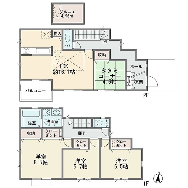 成建施工の新築分譲住宅2階建て 大型3LDK+タタミコーナー カウンターキッチン 床暖房 屋根裏収納 お庭有り 主寝室8.5帖 床下収納 耐震等級3