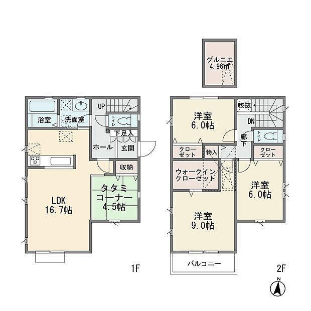 成建施工の新築分譲住宅2階建て　大型3ＬＤＫ＋タタミコーナー　カウンターキッチン　床暖房　屋根裏収納　お庭有り　主寝室9帖　ウォークインクロゼット　床下収納　耐震等級3