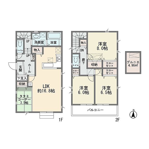 成建施工の新築分譲住宅2階建て 大型3LDK+タタミコーナー カウンターキッチン 床暖房 屋根裏収納 ワイドバルコニー お庭有り 主寝室8帖 床下収納 耐震等級3