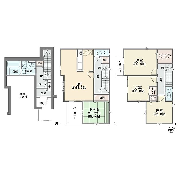 地下1階付の新築分譲2階建て 安心の成建施工 3LDK+タタミコーナー ウォークインクロゼット カウンターキッチン 床下収納 床暖房 東南公道4Mに面す