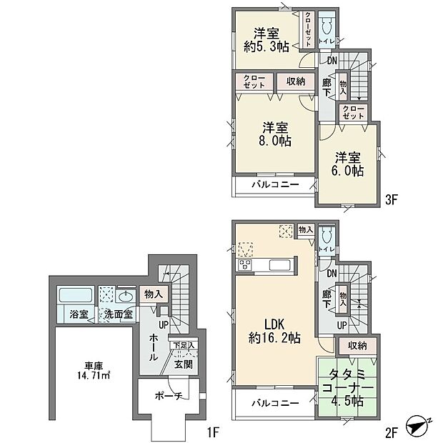 地下1階付の新築分譲2階建て　安心の成建施工　3ＬＤＫ＋タタミコーナー　主寝室8帖　カウンターキッチン　床下収納　床暖房　東南公道4Ｍに面す
