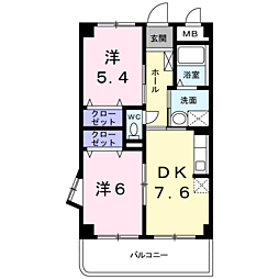 サニーカーサＢ 2階2DKの間取り