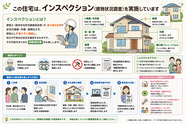 インスペクションを実施しています。第３者の建築士等の専門家がチェックしています