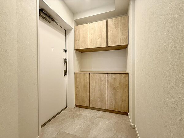 上下2段の収納棚がある玄関です。框ドアには覗き窓とチェーンロックが付いています