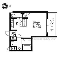 京都市営烏丸線 五条駅 徒歩7分の賃貸マンション 2階1Kの間取り