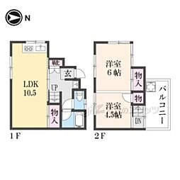 JR奈良線 木幡駅 徒歩13分の賃貸一戸建て 2階2LDKの間取り
