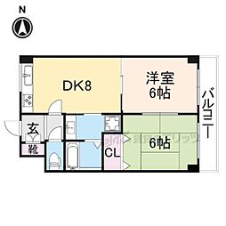 京都地下鉄東西線 石田駅 徒歩4分の賃貸マンション 2階2DKの間取り