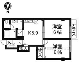 京都地下鉄東西線 小野駅 徒歩8分の賃貸アパート 1階2DKの間取り